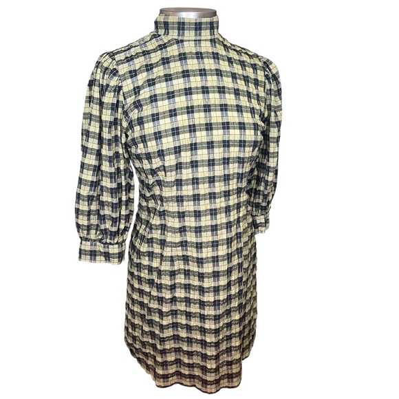 Ganni Plaid Voile Mock Neck Mini Dress - Picture 1 of 6